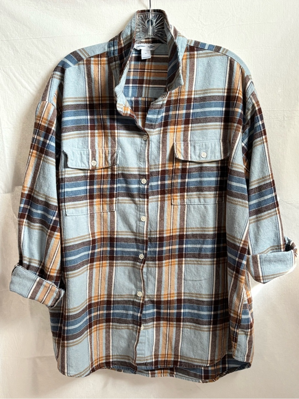 Women’s Plaid Button-Up Shirt in Light Blue and Brown